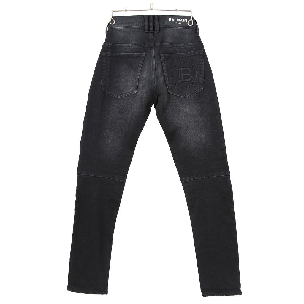 BALMAIN バルマン / 美品 ストレッチデニム バイカーパンツ クラッシュ加工 / BALMAINロゴ刺繍 刻印ボタン付き / スキニー デニム / size 28 (BLACK)