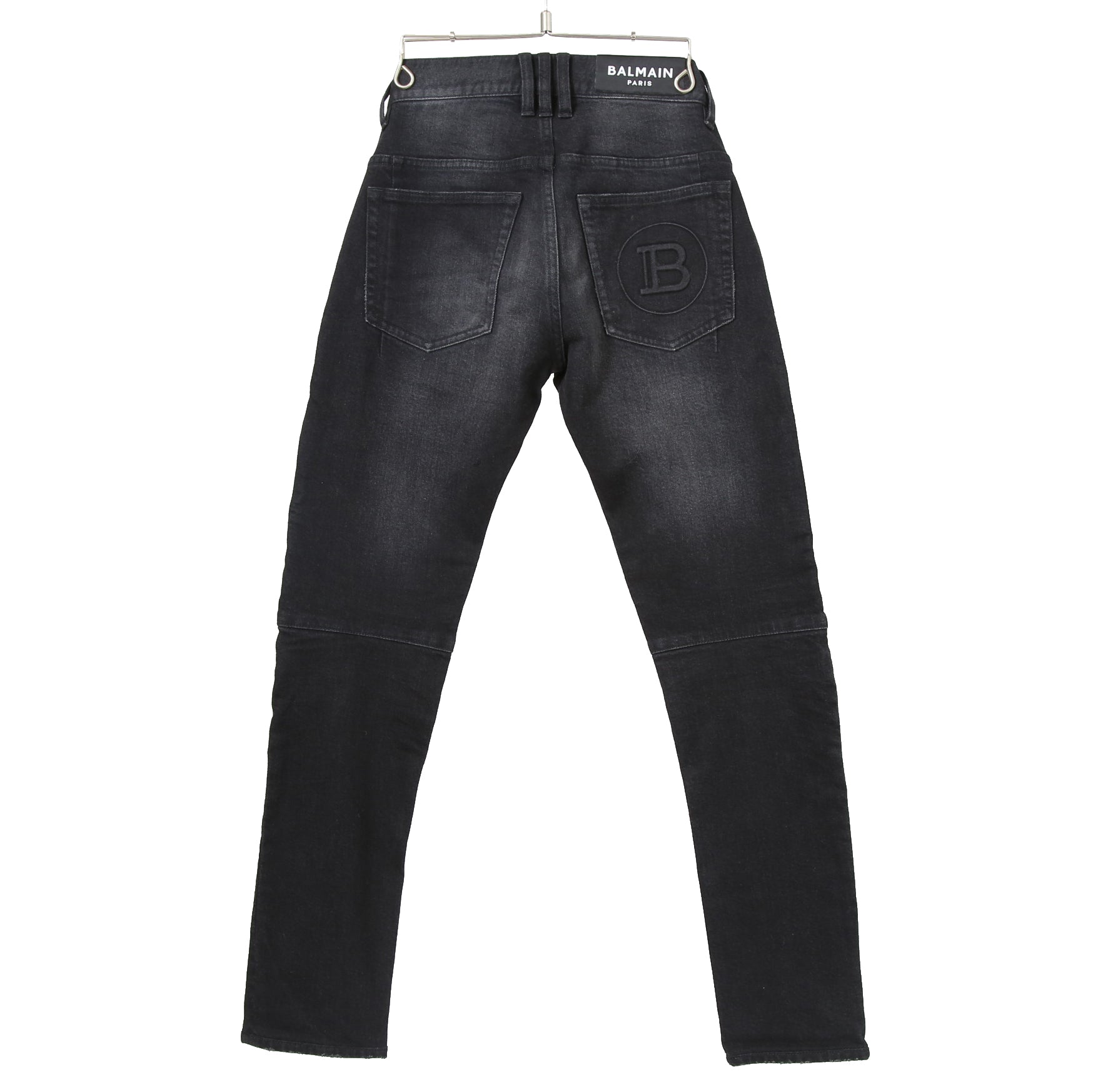 BALMAIN バルマン / 美品 ストレッチデニム バイカーパンツ クラッシュ加工 / BALMAINロゴ刺繍 刻印ボタン付き / スキニー デニム / size 28 (BLACK)