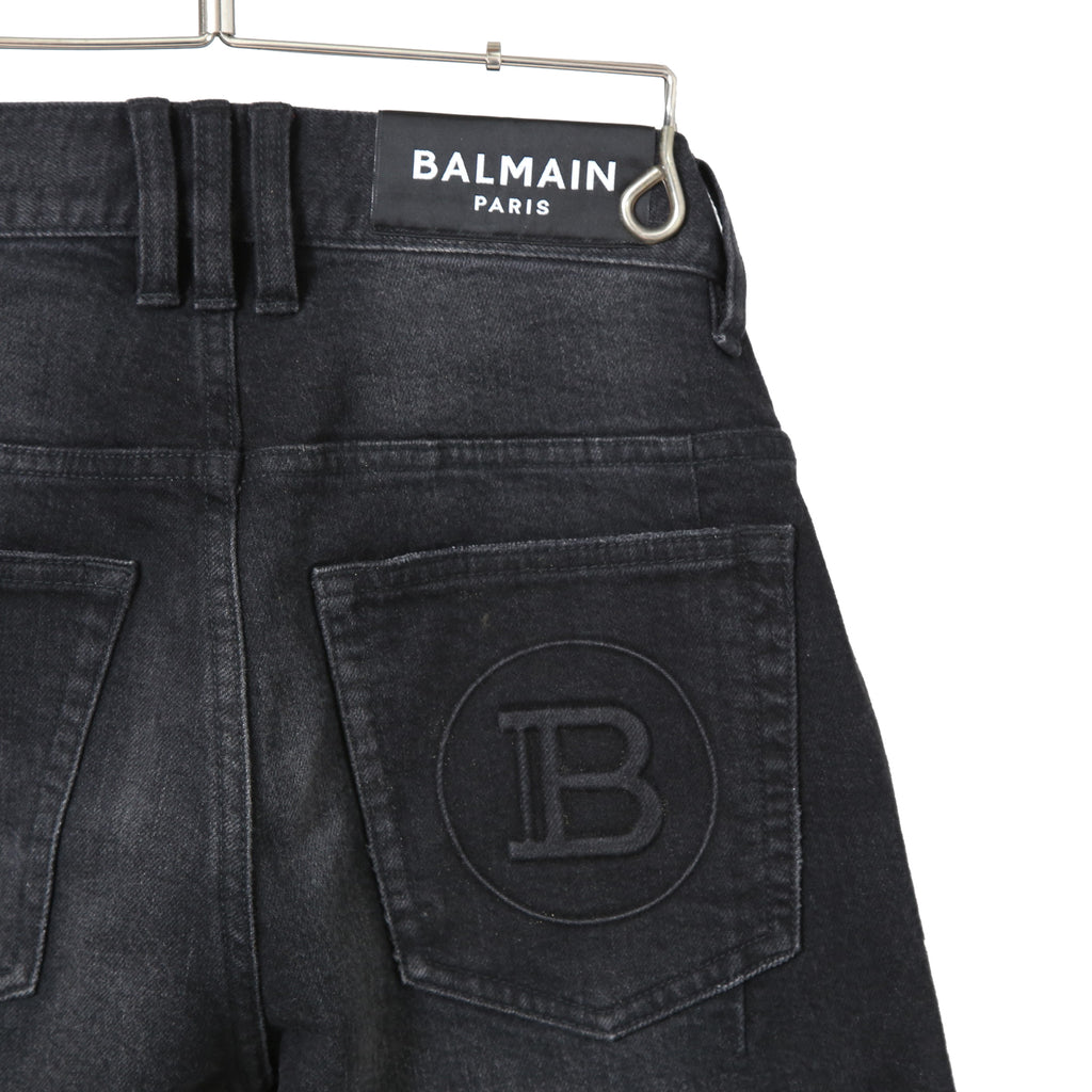 BALMAIN バルマン / 美品 ストレッチデニム バイカーパンツ クラッシュ加工 / BALMAINロゴ刺繍 刻印ボタン付き / スキニー デニム / size 28 (BLACK)