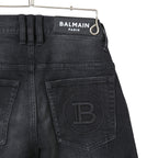 BALMAIN バルマン / 美品 ストレッチデニム バイカーパンツ クラッシュ加工 / BALMAINロゴ刺繍 刻印ボタン付き / スキニー デニム / size 28 (BLACK)