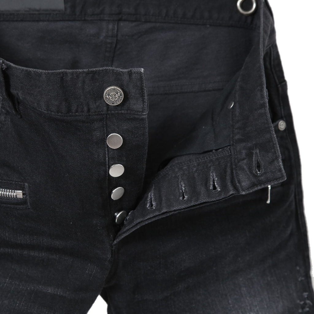 BALMAIN バルマン / 美品 ストレッチデニム バイカーパンツ クラッシュ加工 / BALMAINロゴ刺繍 刻印ボタン付き / スキニー デニム / size 28 (BLACK)