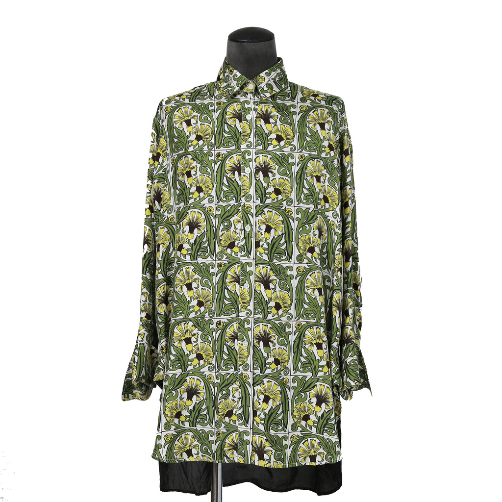 LOEWE x William De Morgan/ 2019 ロエベ x ウィリアム・ド・モーガン / イエローカーネーション プリント シルク 長袖シャツ / size M (YELLOW x GREEN)