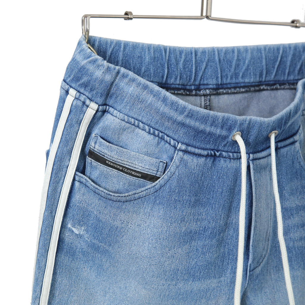 RESOUND CLOTHING リサウンドクロージング / 美品 EX denim jersey BLIND LINE PT/DIND サイドライン デニムジャージ パンツ スキニー / RC28-ST-008D / size 1 (INDIGO)