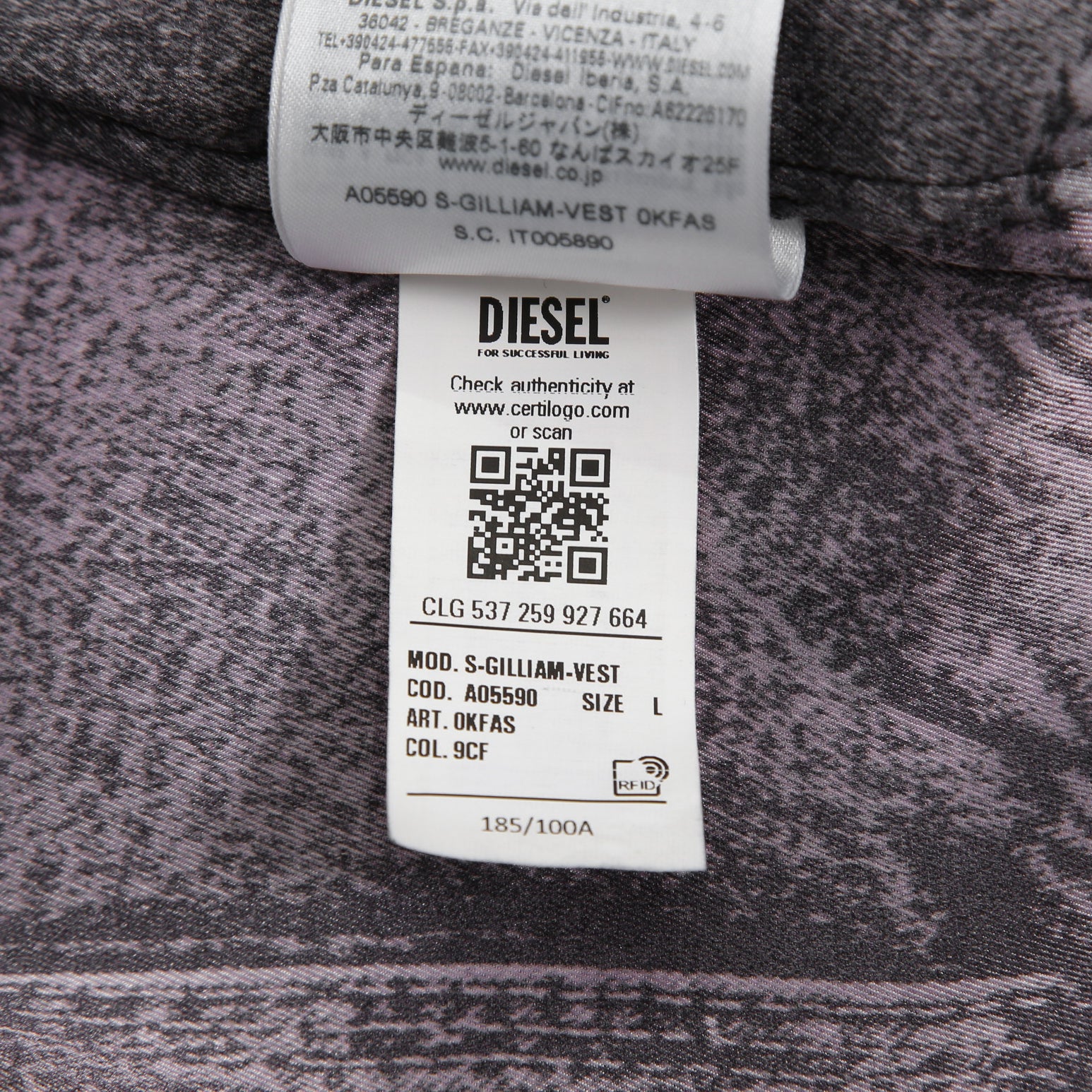 DISEL ディーゼル / 22AW 美品 S-GILLIAM-VEST デニムプリント サテン長袖シャツ  A055900KFAS / size L (GRAY)