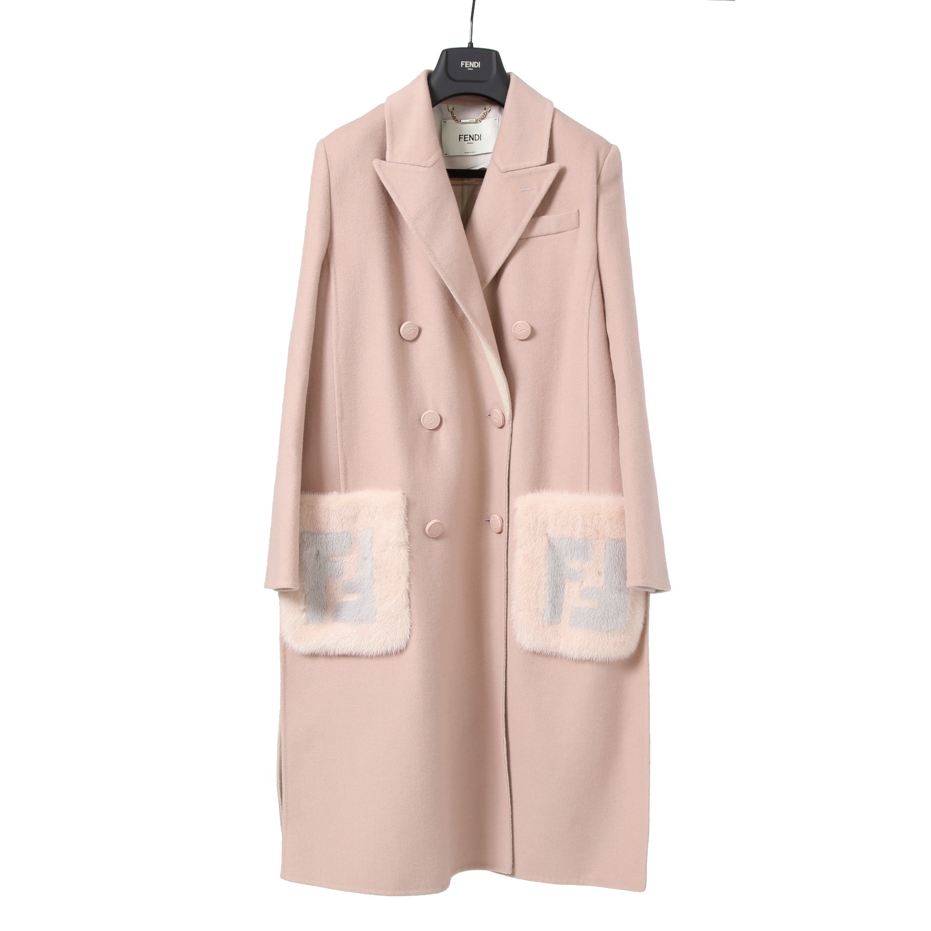 超希少 FENDI フェンディ / 美品 FFロゴ ミンクポケット / カシミア 100% ダブルコート / FF8910 MW18 / size 40  (M) PINK BEIGE