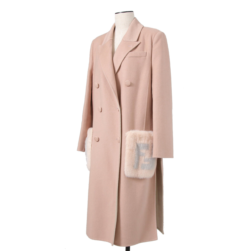 超希少 FENDI フェンディ / 美品 FFロゴ ミンクポケット / カシミア 100% ダブルコート / FF8910 MW18 / size 40  (M) PINK BEIGE