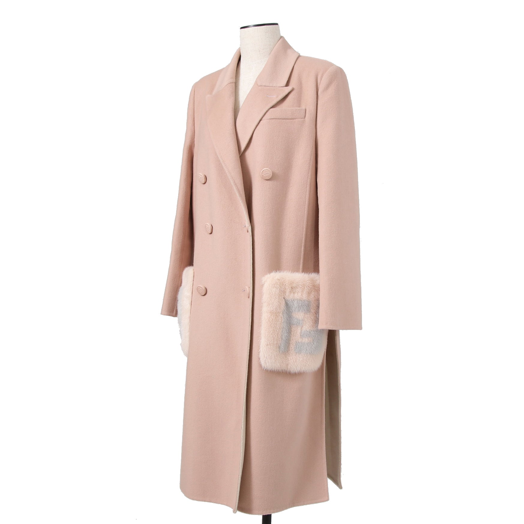 超希少 FENDI フェンディ / 美品 FFロゴ ミンクポケット / カシミア 100% ダブルコート / FF8910 MW18 / size 40  (M) PINK BEIGE