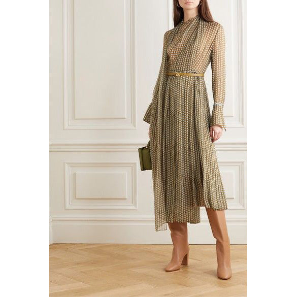 FENDI フェンディ /美品 20SS Belted Draped Pleated Printed Silk-Chiffon Midi Dress ベルト付き プリント シルクシフォン ミディドレス ワンピース/ FDA651 A5XF / size 40 (OLIVE GREEN) レディース