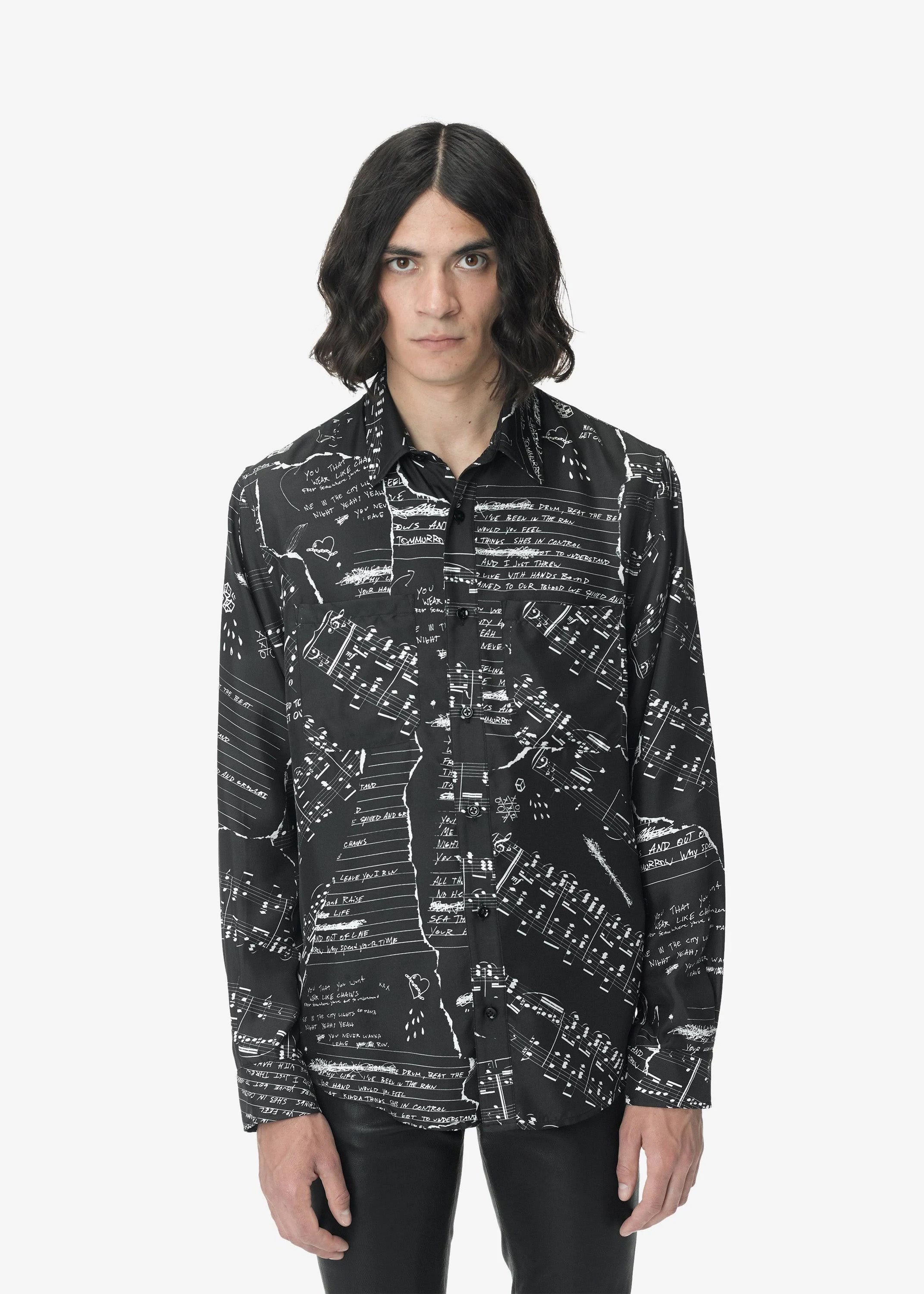 美品 AMIRI アミリ / Silk Broken Music Note SHIRT / シルク 長袖 シャツ / size S (BLACK)