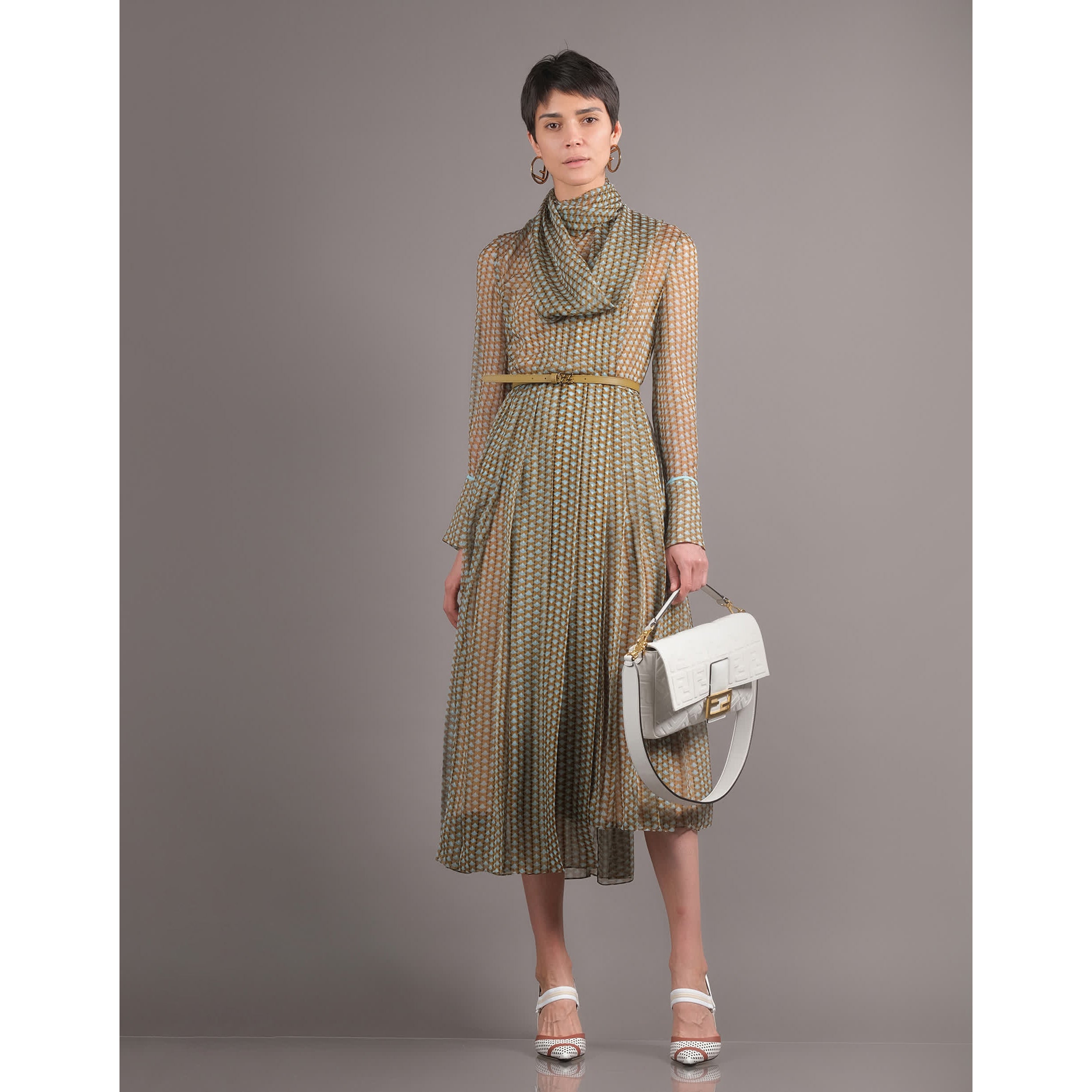 FENDI フェンディ /美品 20SS Belted Draped Pleated Printed Silk-Chiffon Midi Dress ベルト付き プリント シルクシフォン ミディドレス ワンピース/ FDA651 A5XF / size 40 (OLIVE GREEN) レディース